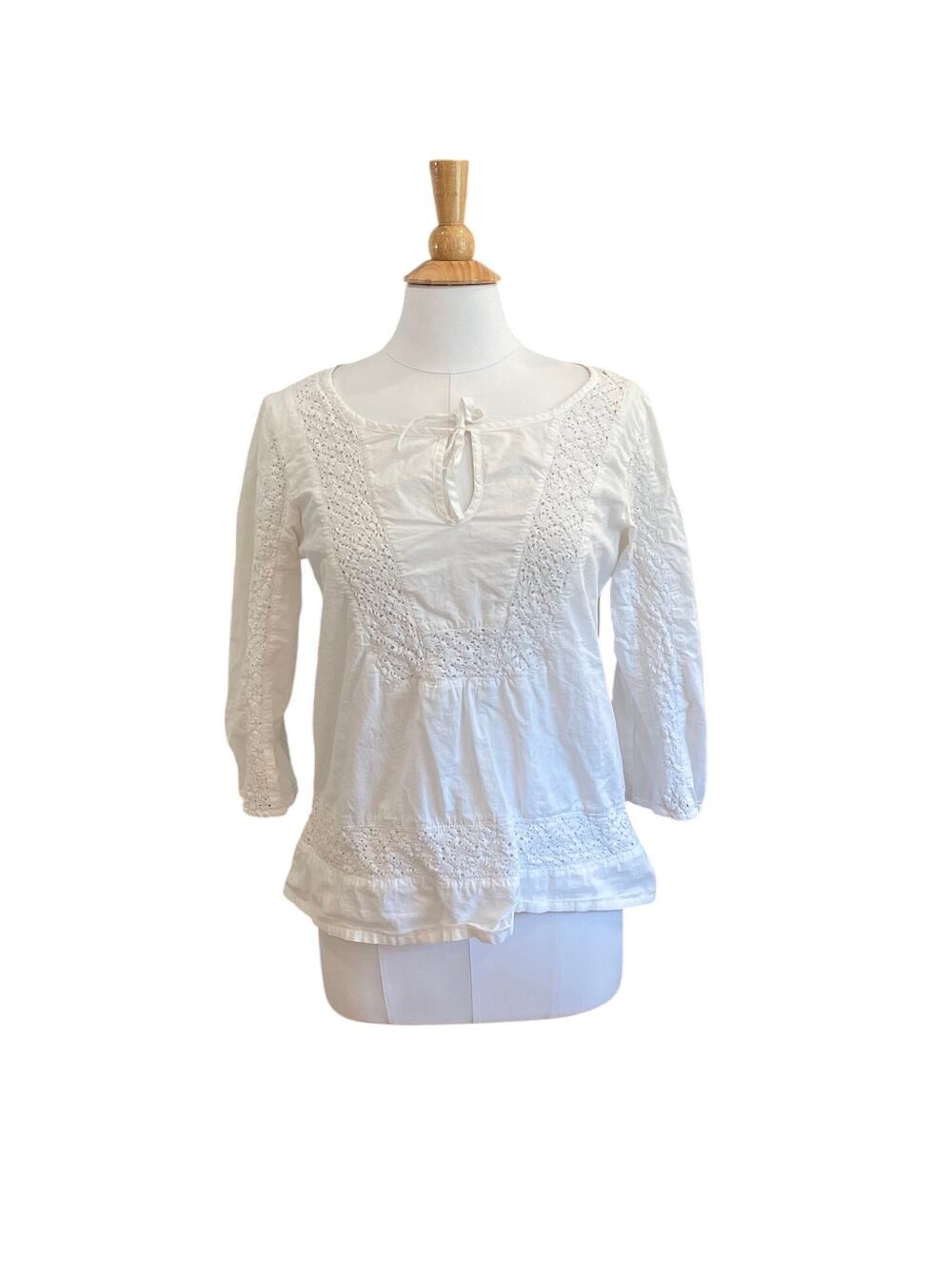 prAna 100% Organic Cotton White Lace Tie Neck Peasant Blouse, Size M